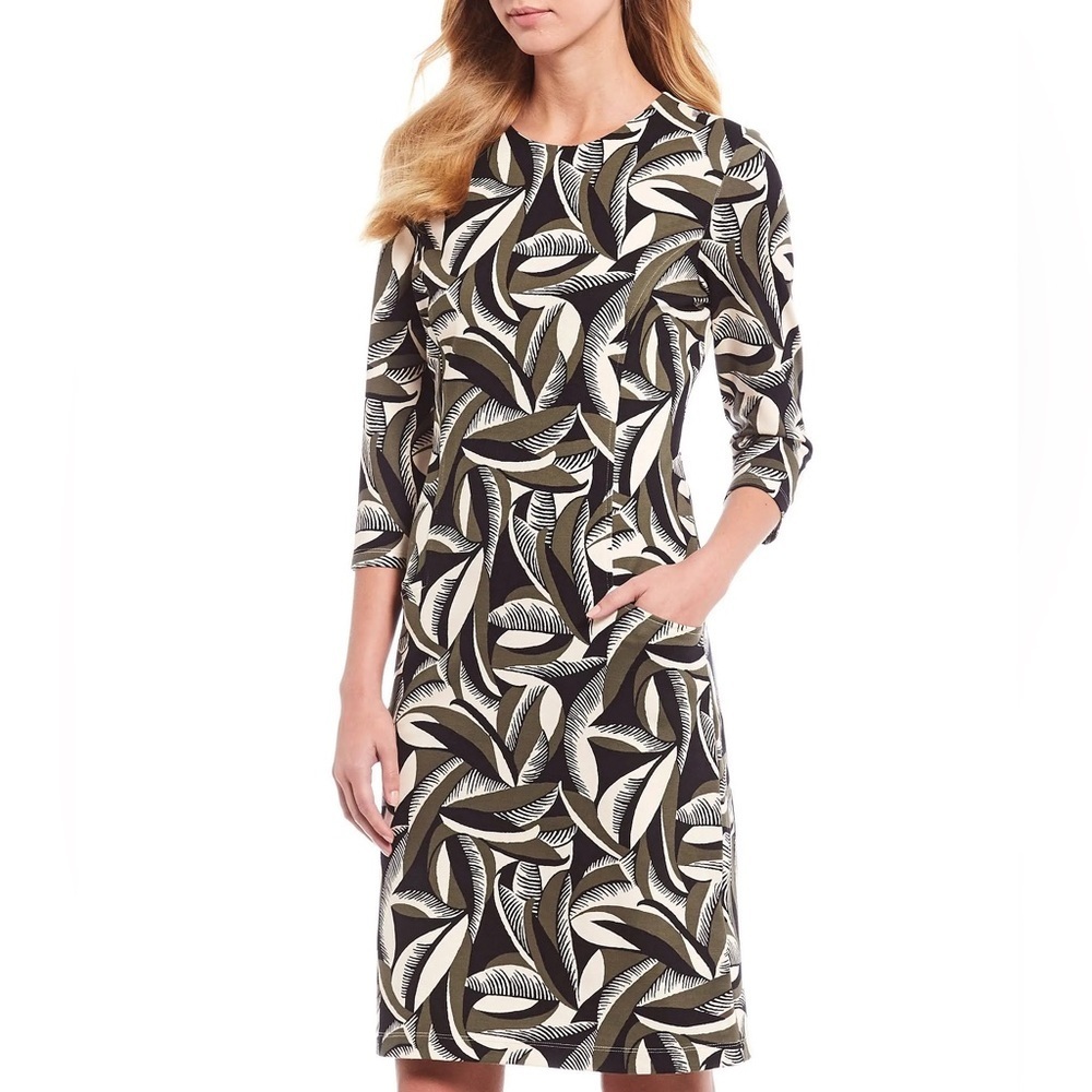 J. McLaughlin Catalyst Dress 3/4 Sleeve Black Beige Pop Feather Size Medium M